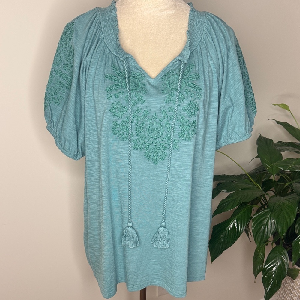 Style & Co. Teal Embroidered Tassel Peasant Tunic